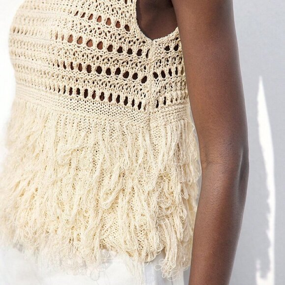 Apricot Casual Women's Sleeveless Crew Neck Fringed Top - Picture 6 of 6